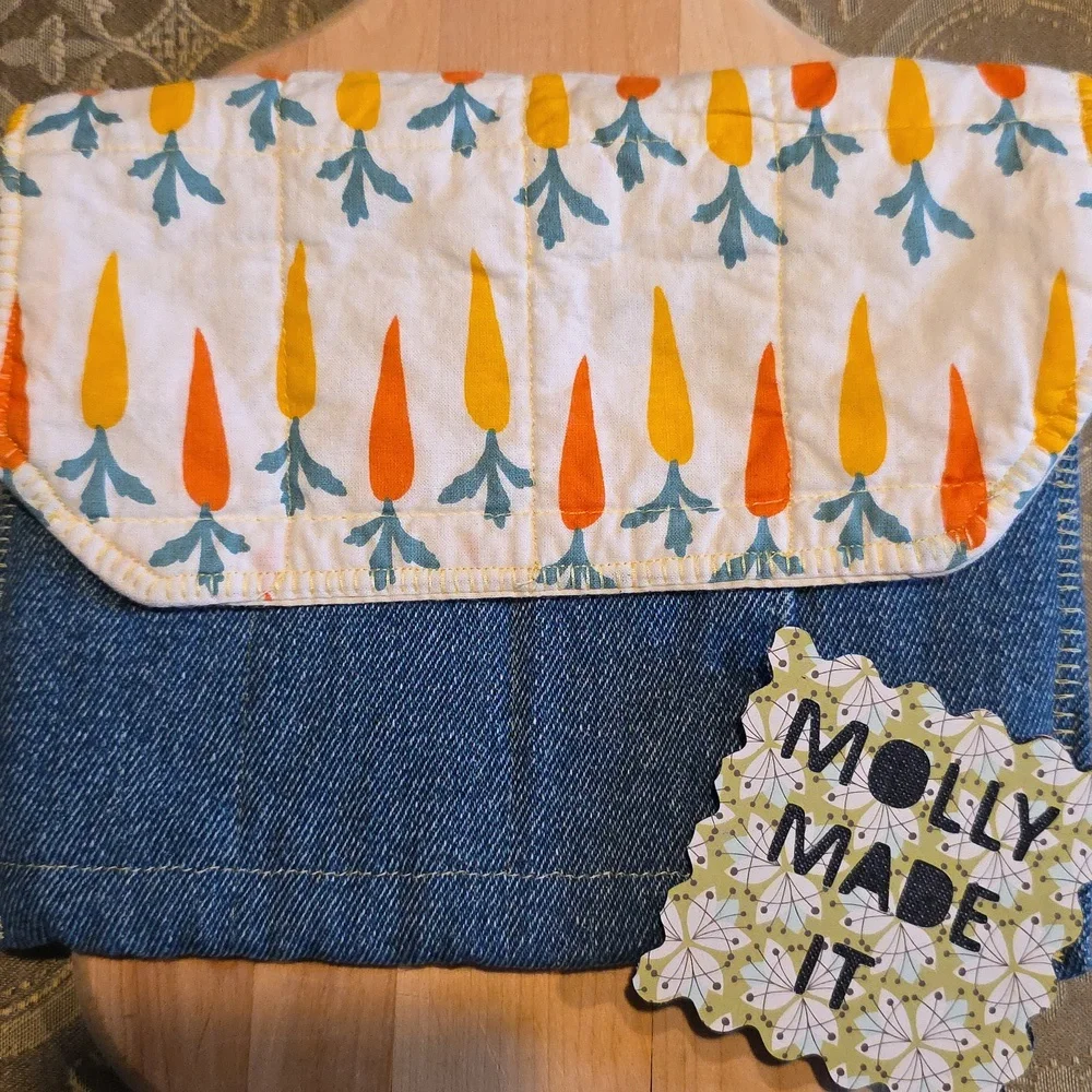 HAND CRAFTED Potato Pouch Microwave UPCYCLED Blue Denim Cotton Carrots 8.5 Inch